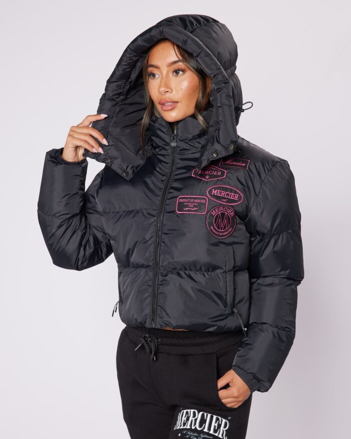 Womens Black/Pink Cropped Puffer